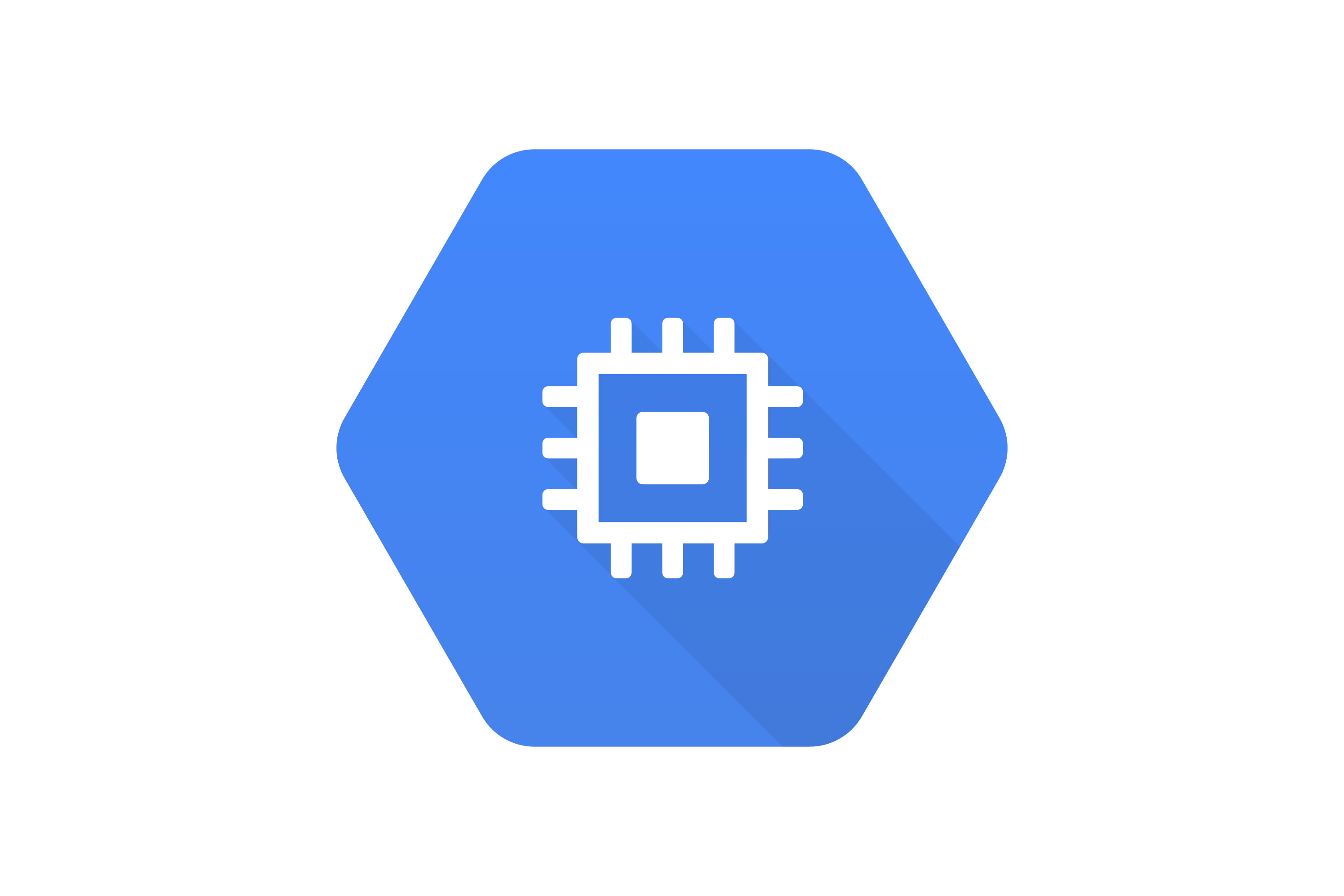 Logo of Google Compute Engine. White icon of a compute chip on a blue hexagon background