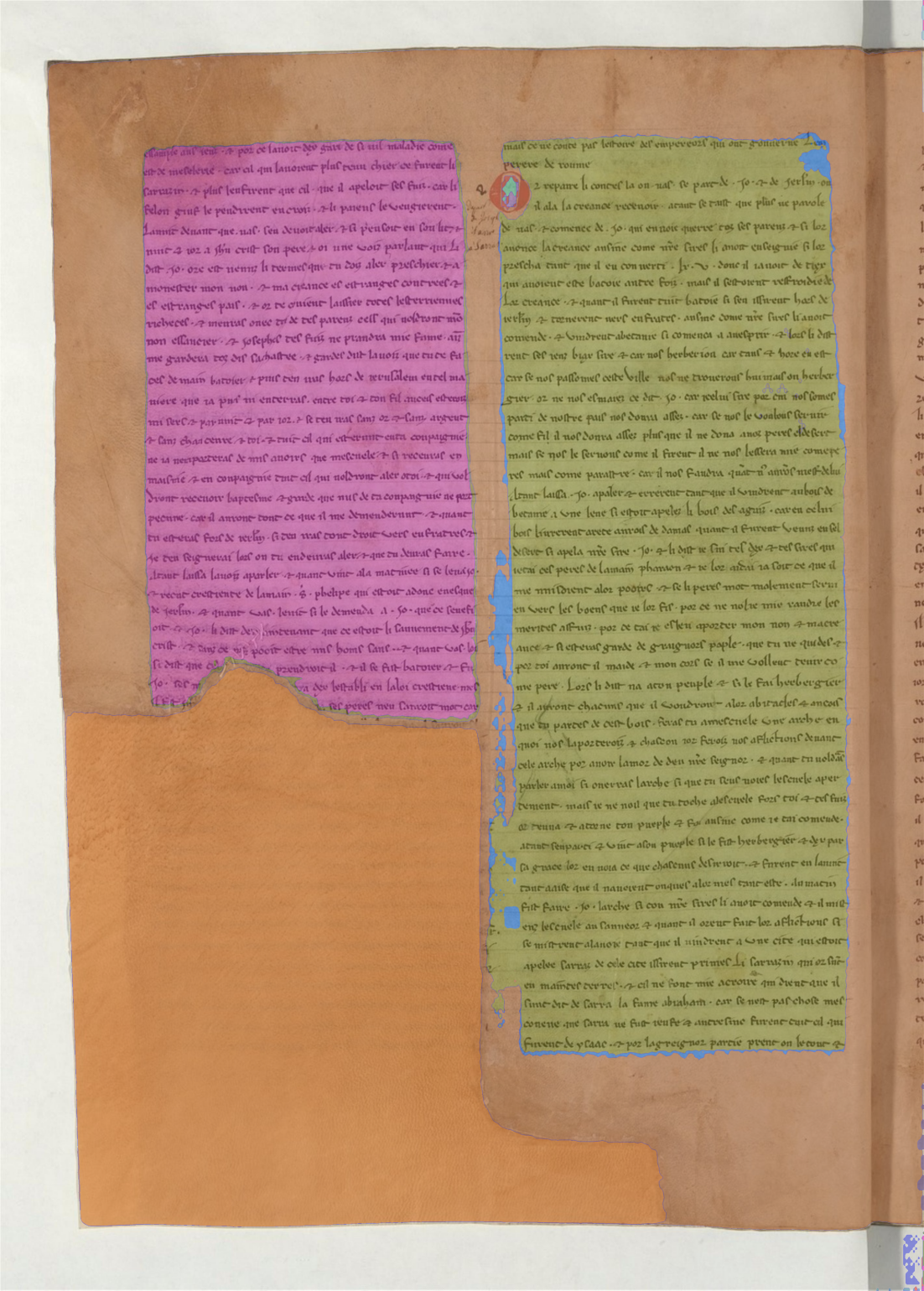 A medieval manuscript page overlayed with colored shapes marking different segments of the image, from the Segment Anything Model 2 (SAM2)