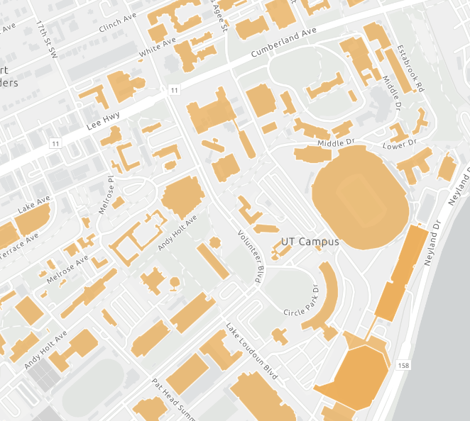 Screenshot of a grayscale map overlayed with orange building shapes