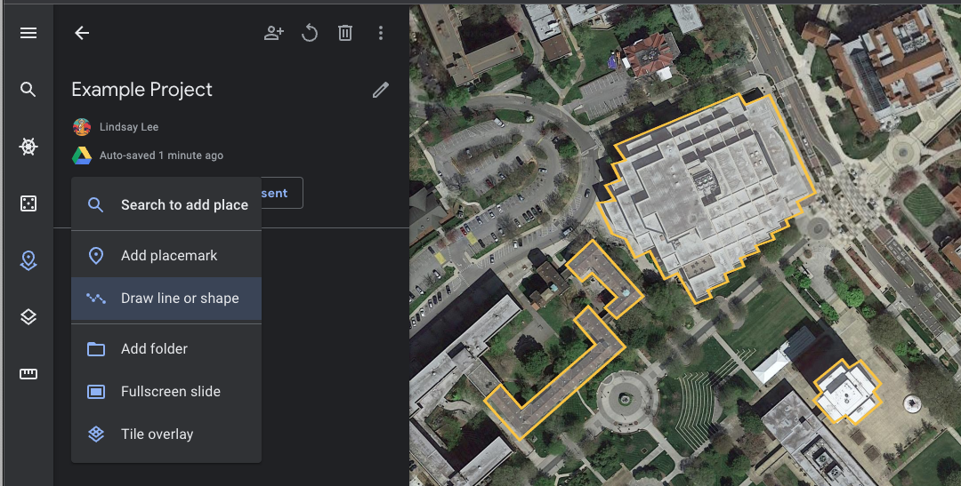 Screenshot of Google Earth showing "Draw line or shape" option