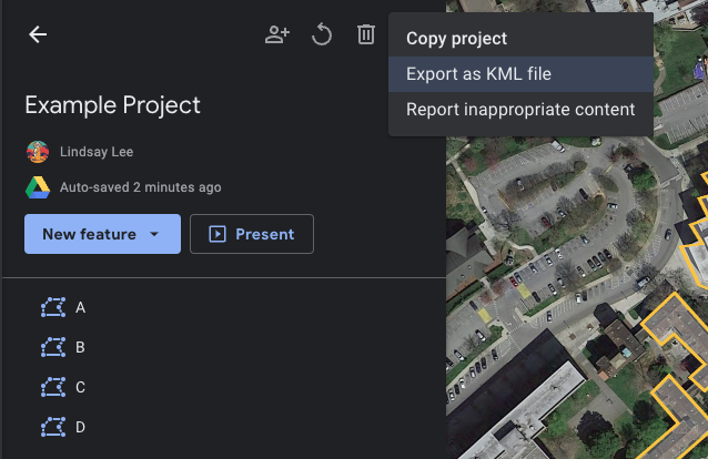 Screenshot of Google Earth showing "Export as KML file" option