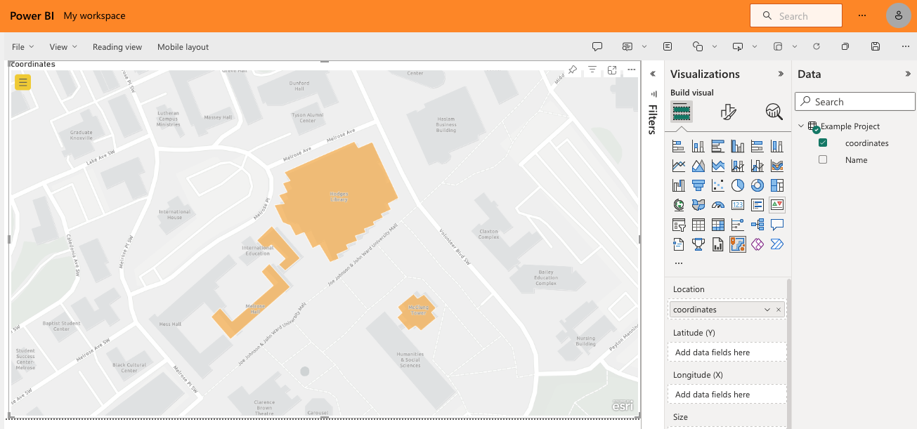Screenshot of Power BI report page with custom map in an ArcGIS visual