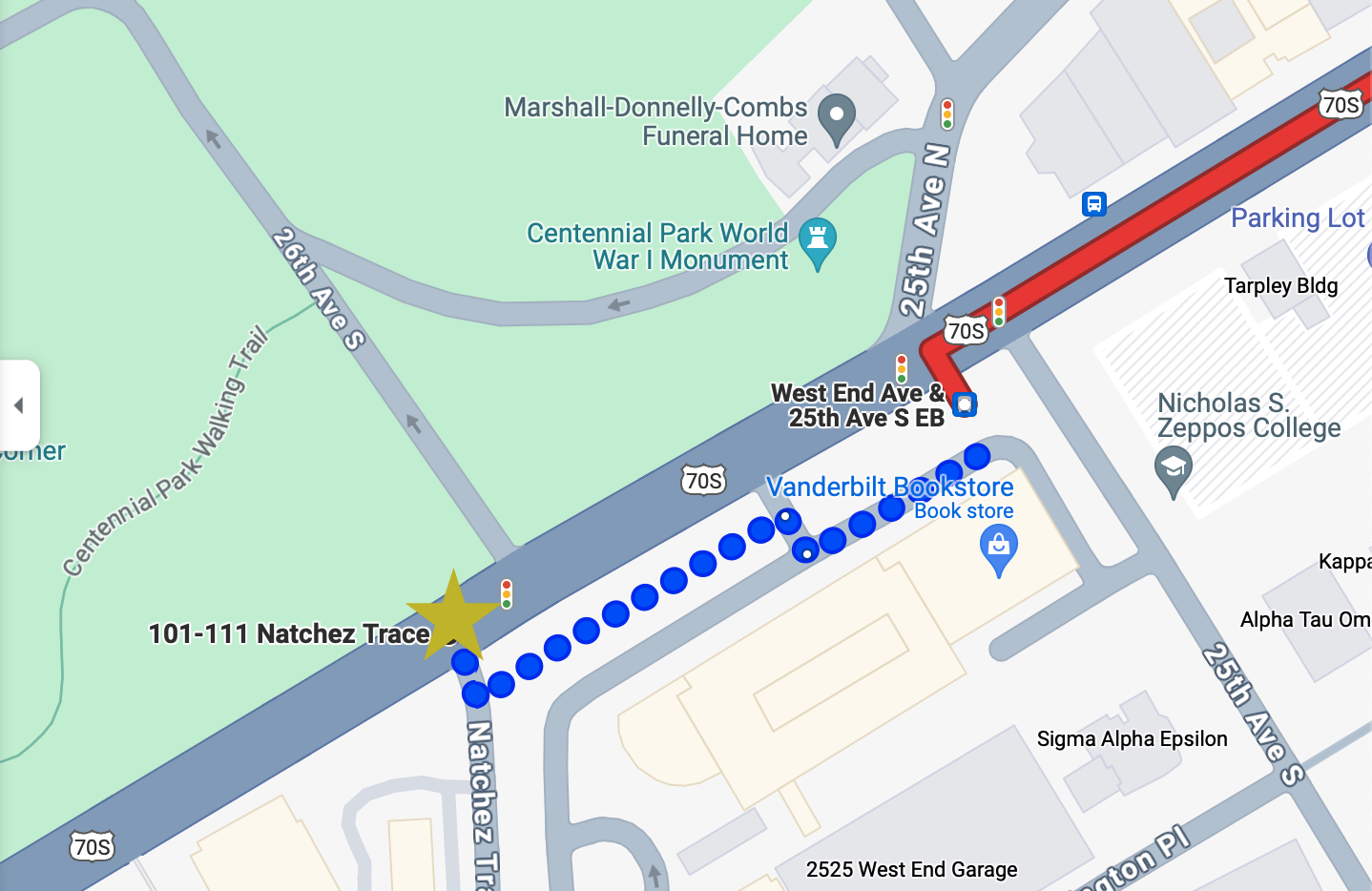 Screenshot from Google Maps showing how transit directions will first give walking directions (blue dotted line) before starting the transit directions (red solid line)