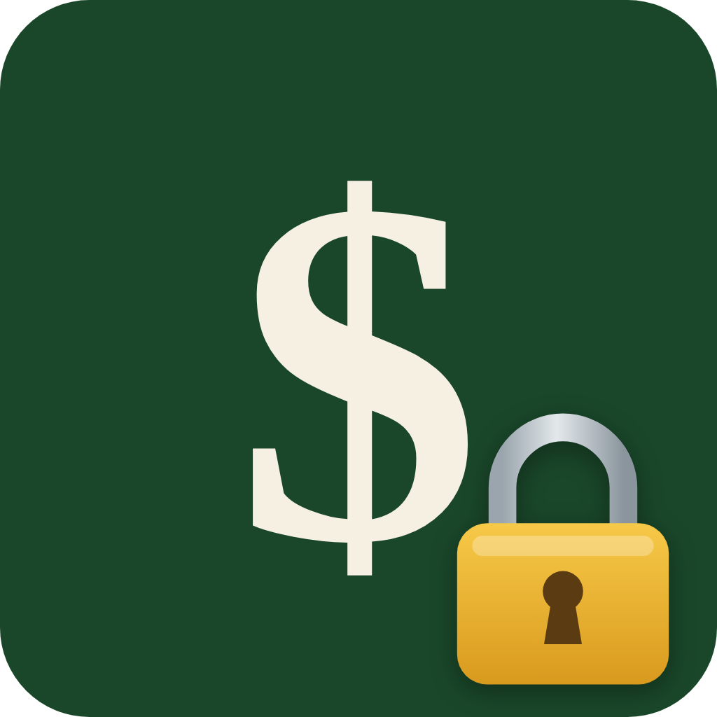 Logo for this expense ledger app showing a beige dollar sign on a green background, with a padlock on top of it