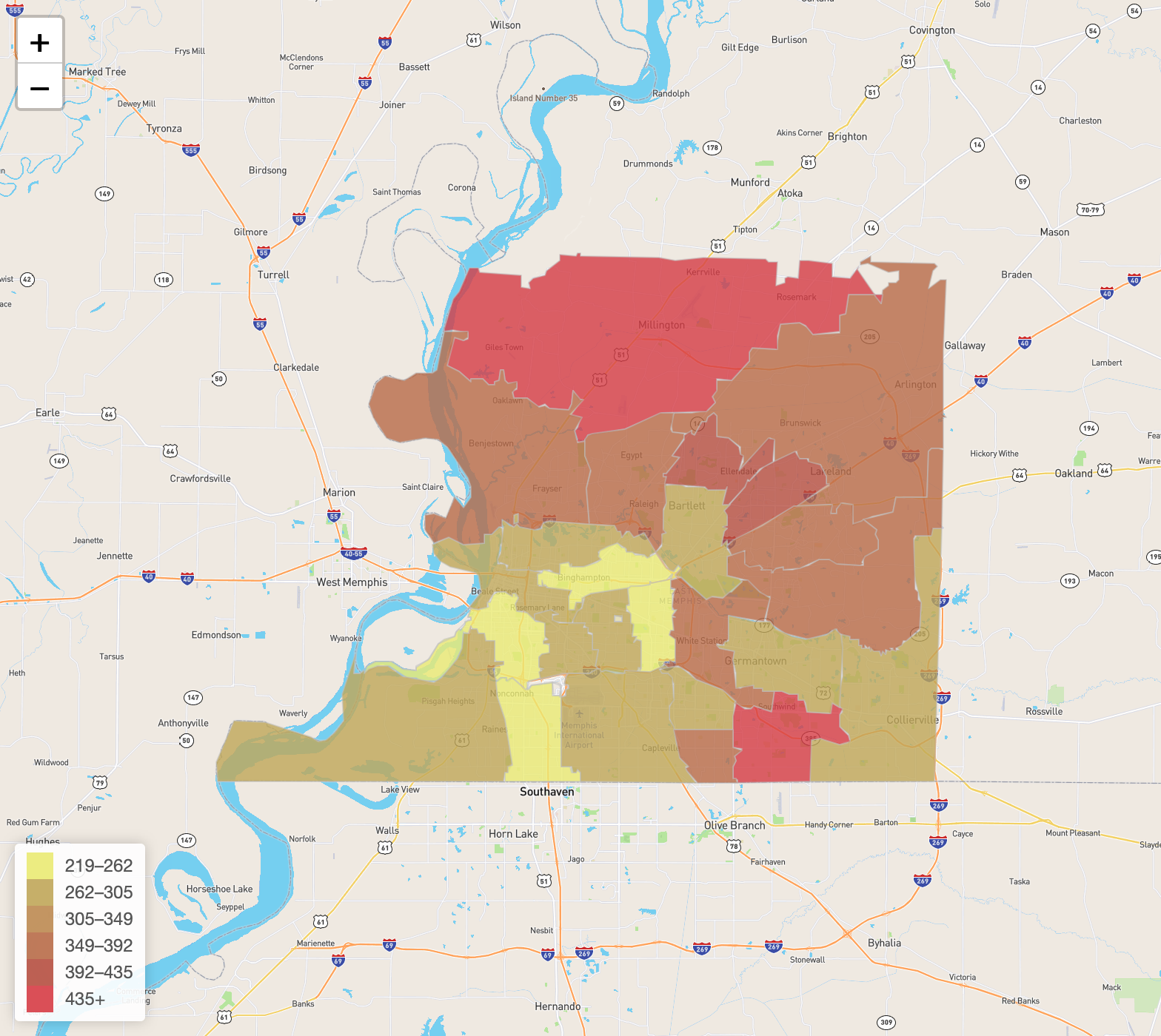 Screenshot of a heatmap of Shelby County, TN 14-day COVID-19 case rate