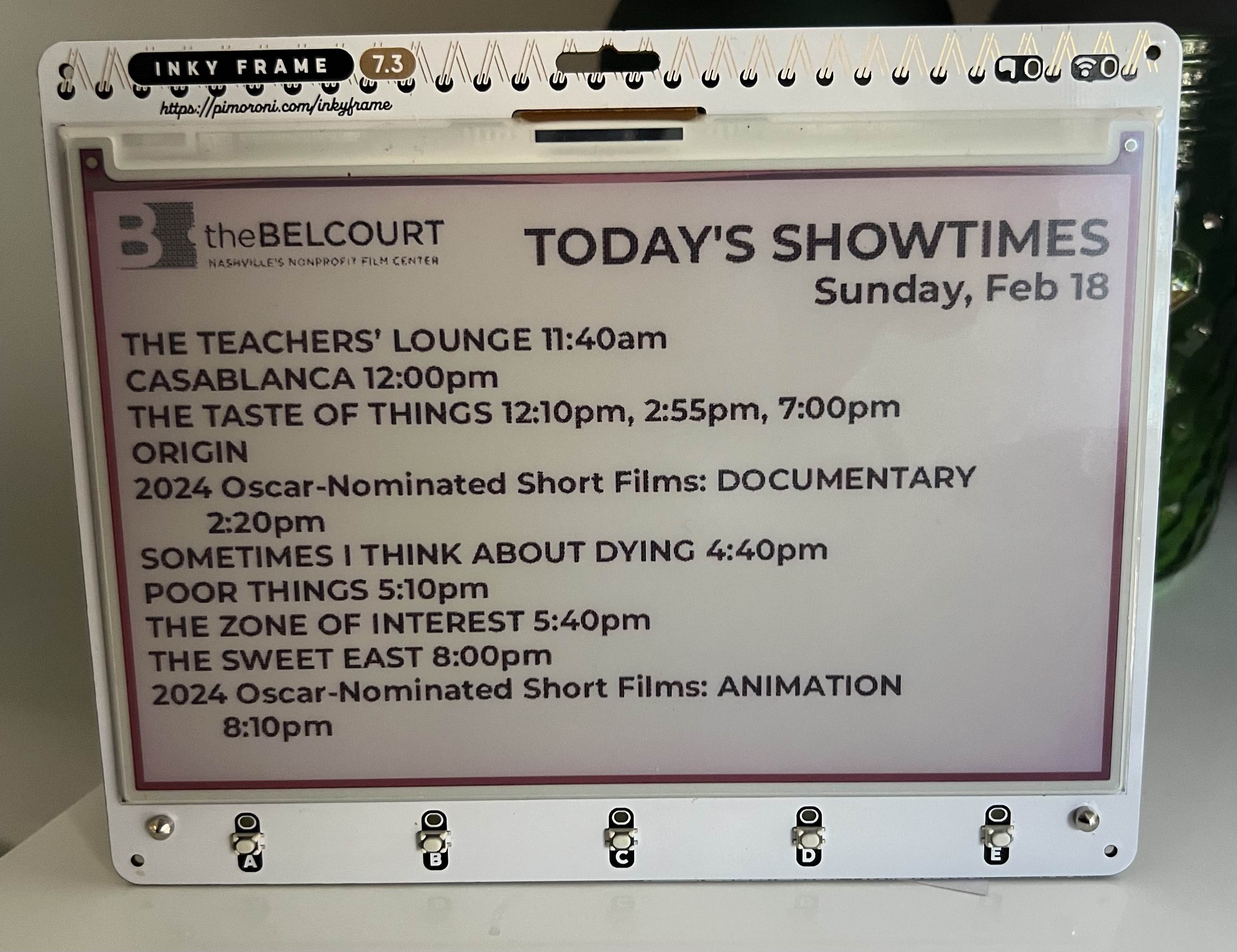 Inky Frame 7.3&quot; e-ink display with Belcourt Theatre showtimes